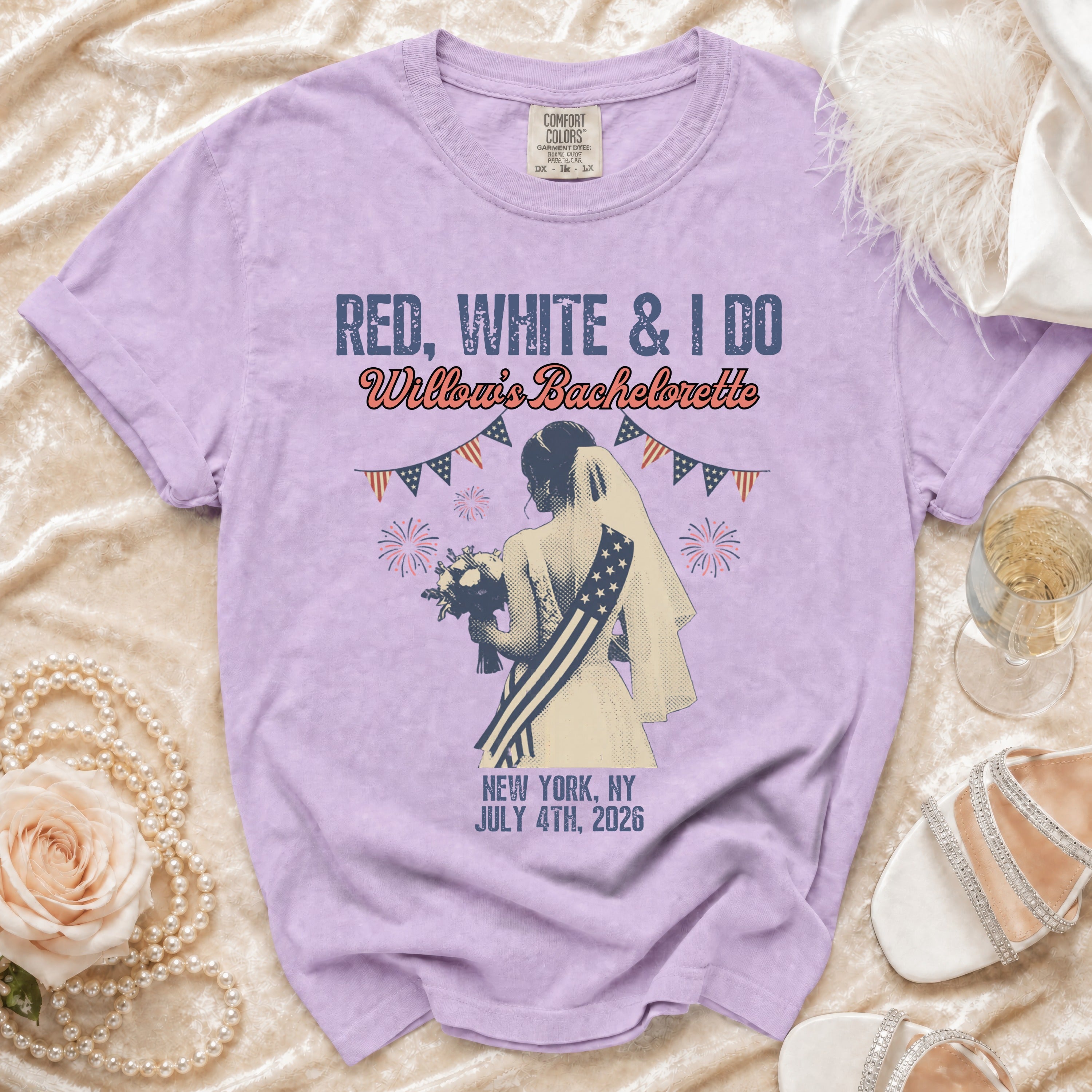 Red, white, and "I Do" bachelorette t-shirt with bride and "Willow's Bachelorette" text.