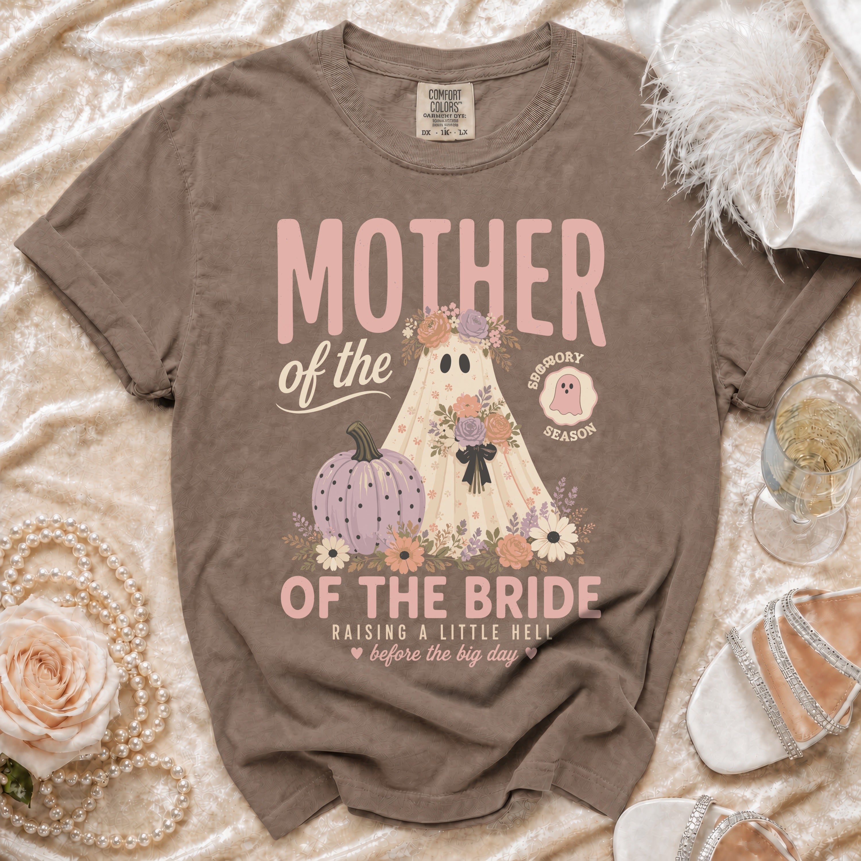 Brown t-shirt with "Mother of the Bride" and a ghost graphic.
