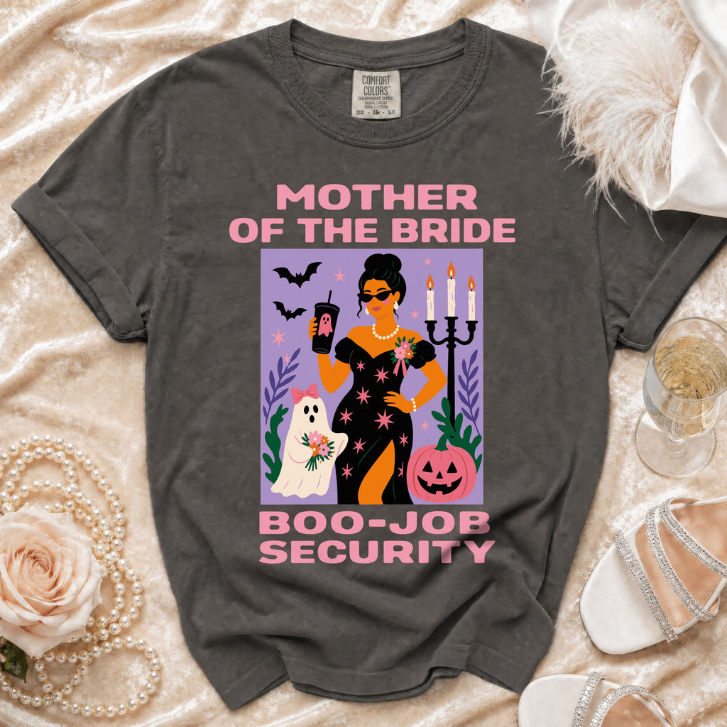 Mother of the Bride Boo-Job Security graphic tee with spooky elements.