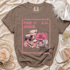 Brown t-shirt with "Maid of Honor" graphic and "Chief Chaos Coordinator" text.
