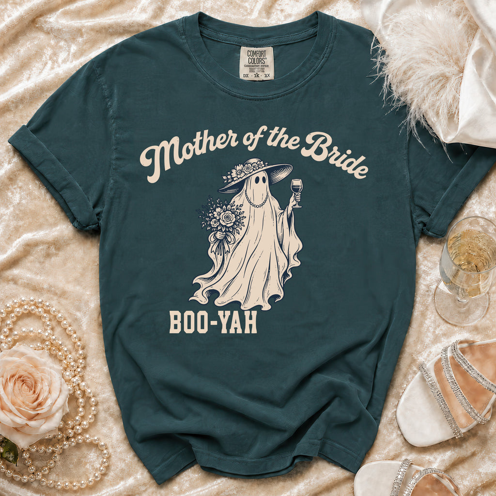 Teal t-shirt with a ghost graphic saying "Mother of the Bride BOO-YAH".