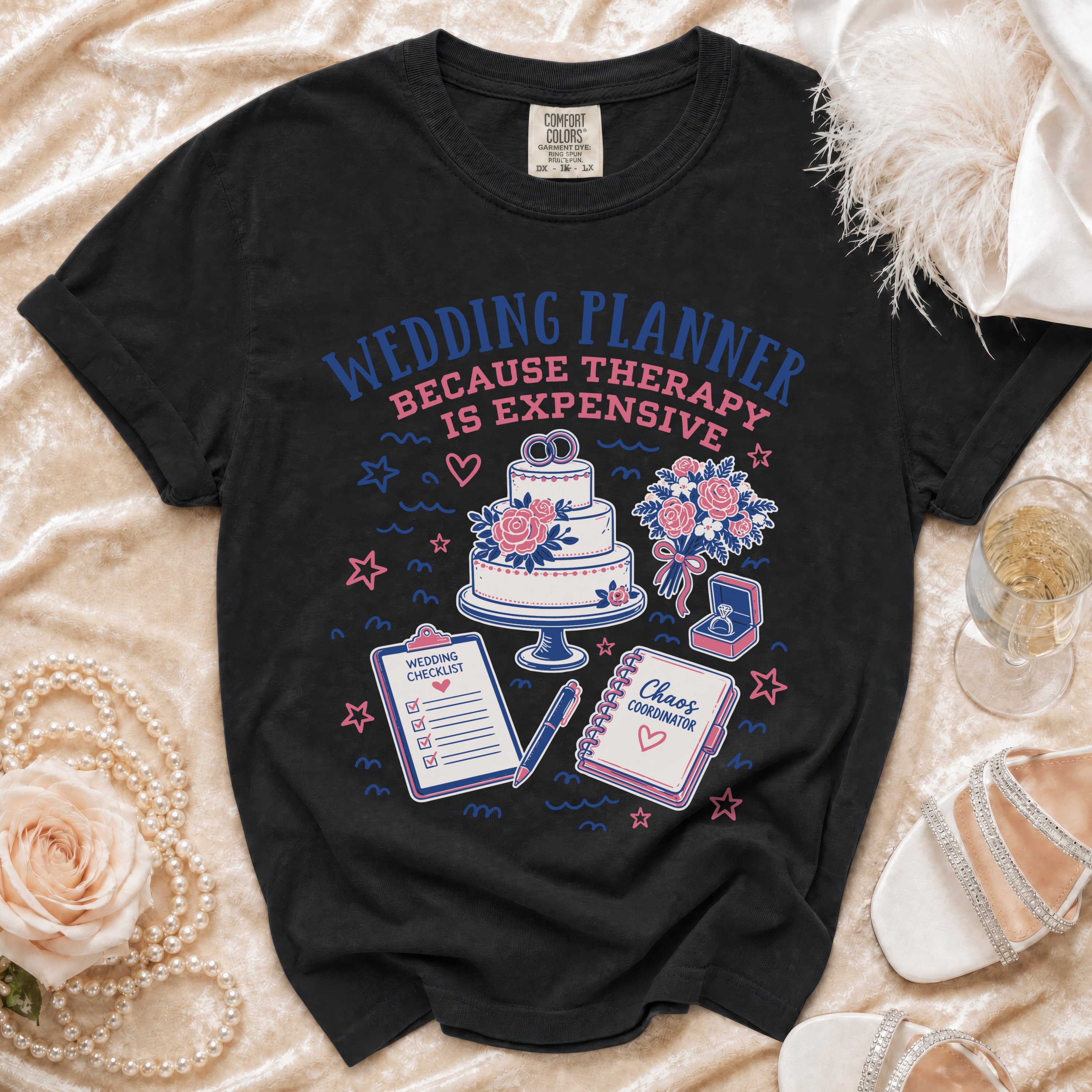 Black t-shirt with "Wedding Planner Because Therapy Is Expensive" text and graphics.