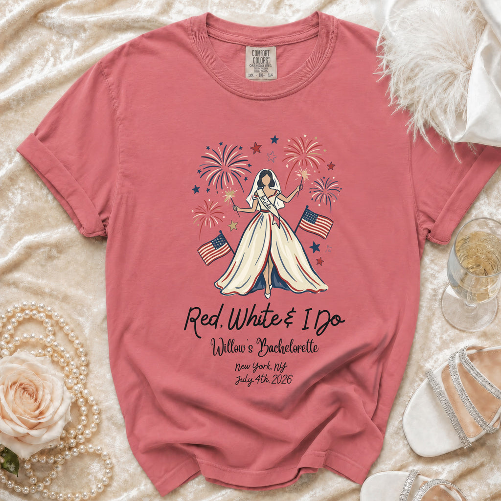 T-shirt with "Red, White & I Do Willow's Bachelorette" text and bride graphic.