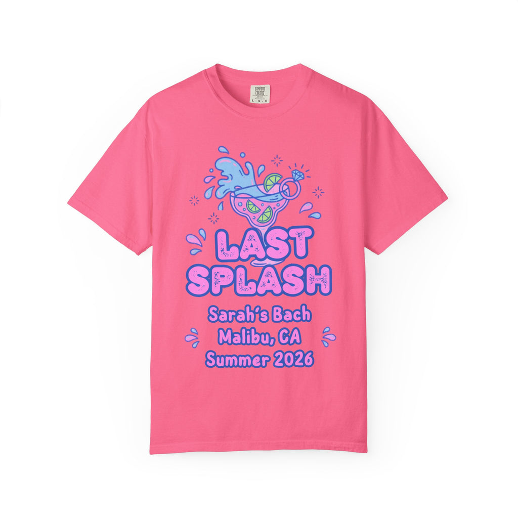 Bright pink t-shirt with "Last Splash" and bachelorette party details.