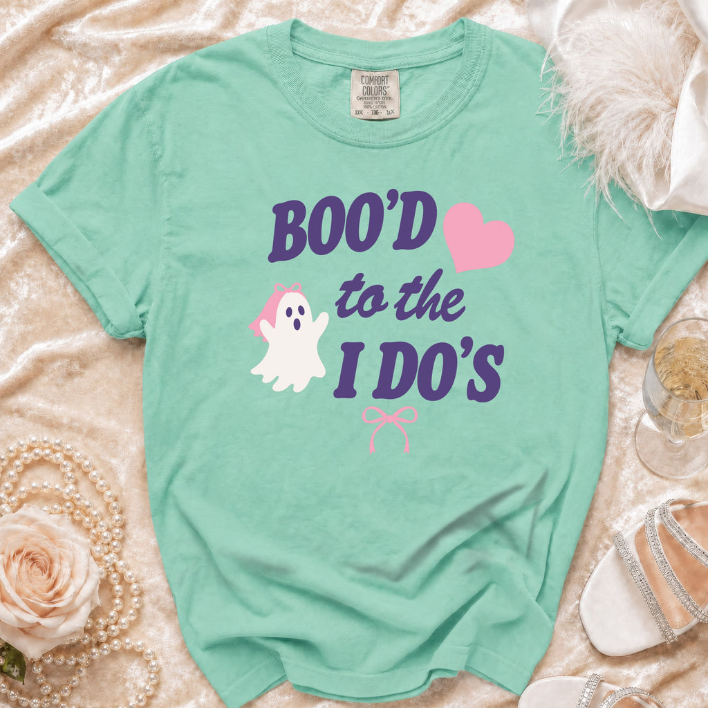Mint green t-shirt with "BOO'D to the I DO'S" text, ghost, and hearts.