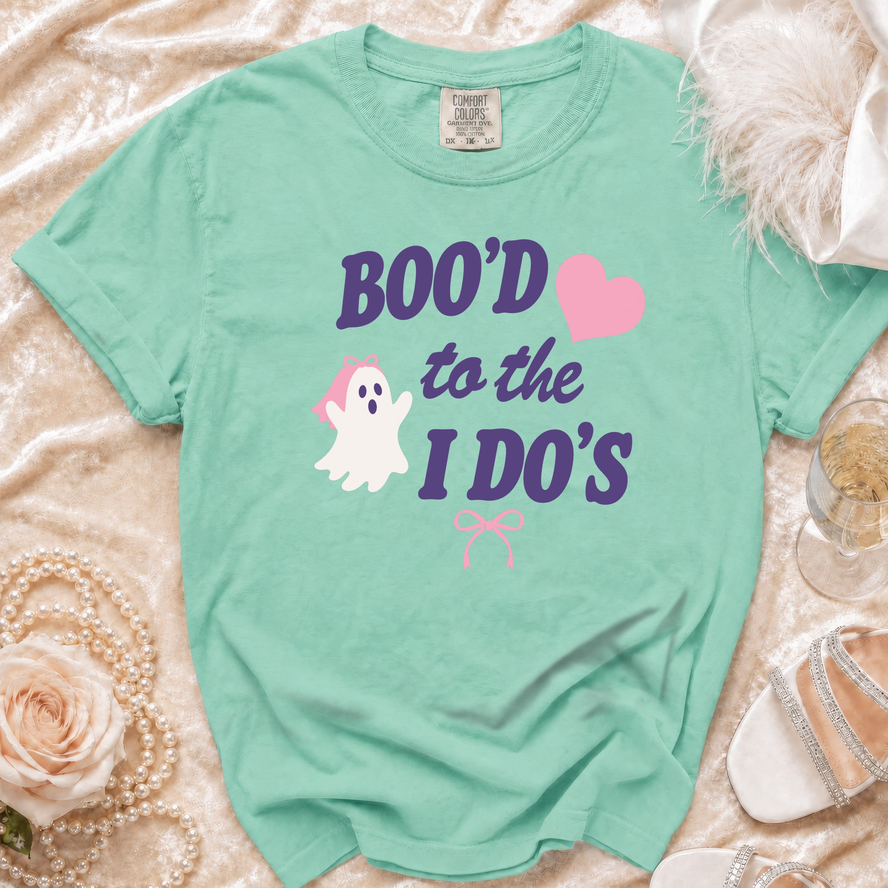 Mint green t-shirt with "BOO'D to the I DO'S" text, ghost, and hearts.