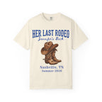 T-shirt with "Her Last Rodeo Jennifer's Back Nashville, TN Summer 2026" text and cowboy boots.