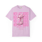 Pink t-shirt with "Her Last Rodeo" text and cowboy boot graphic.