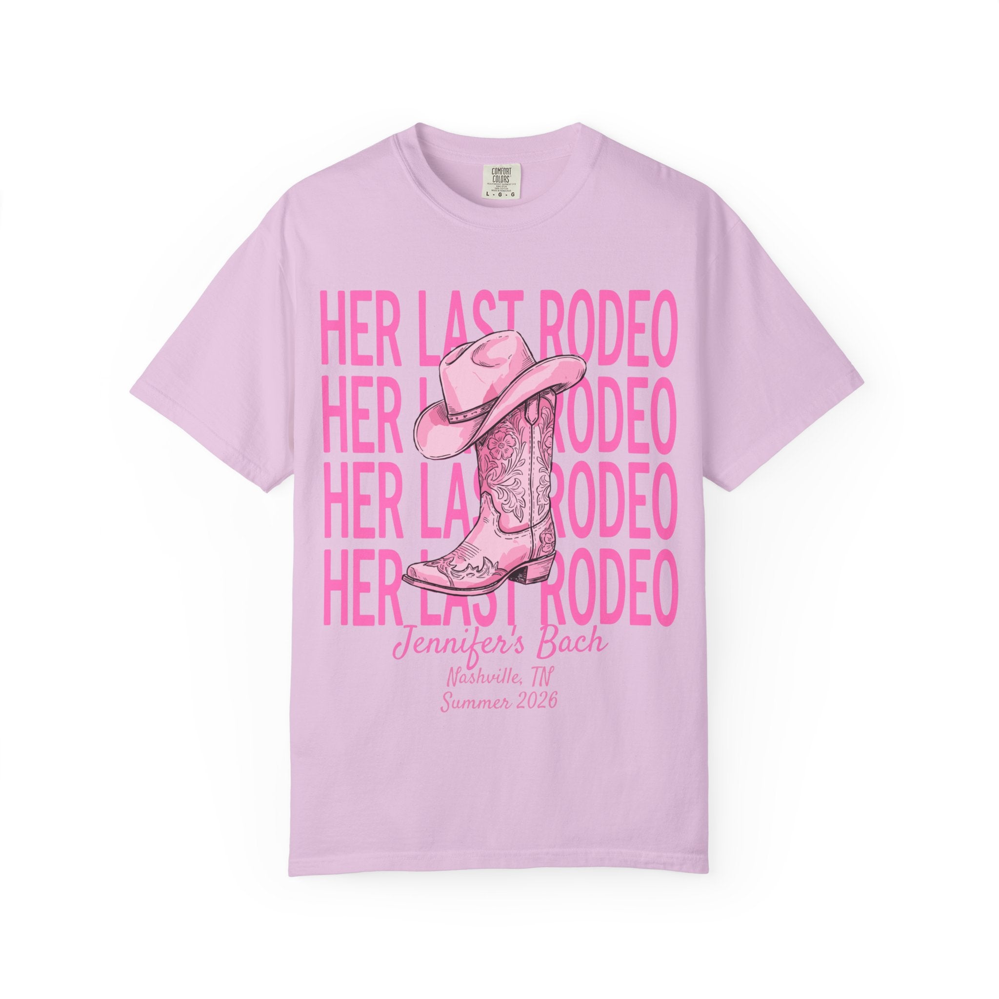Pink t-shirt with "Her Last Rodeo" text and cowboy boot graphic.