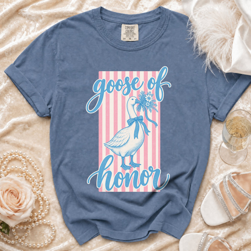 Blue t-shirt with "goose of honor" text and goose graphic on pink and white stripes.