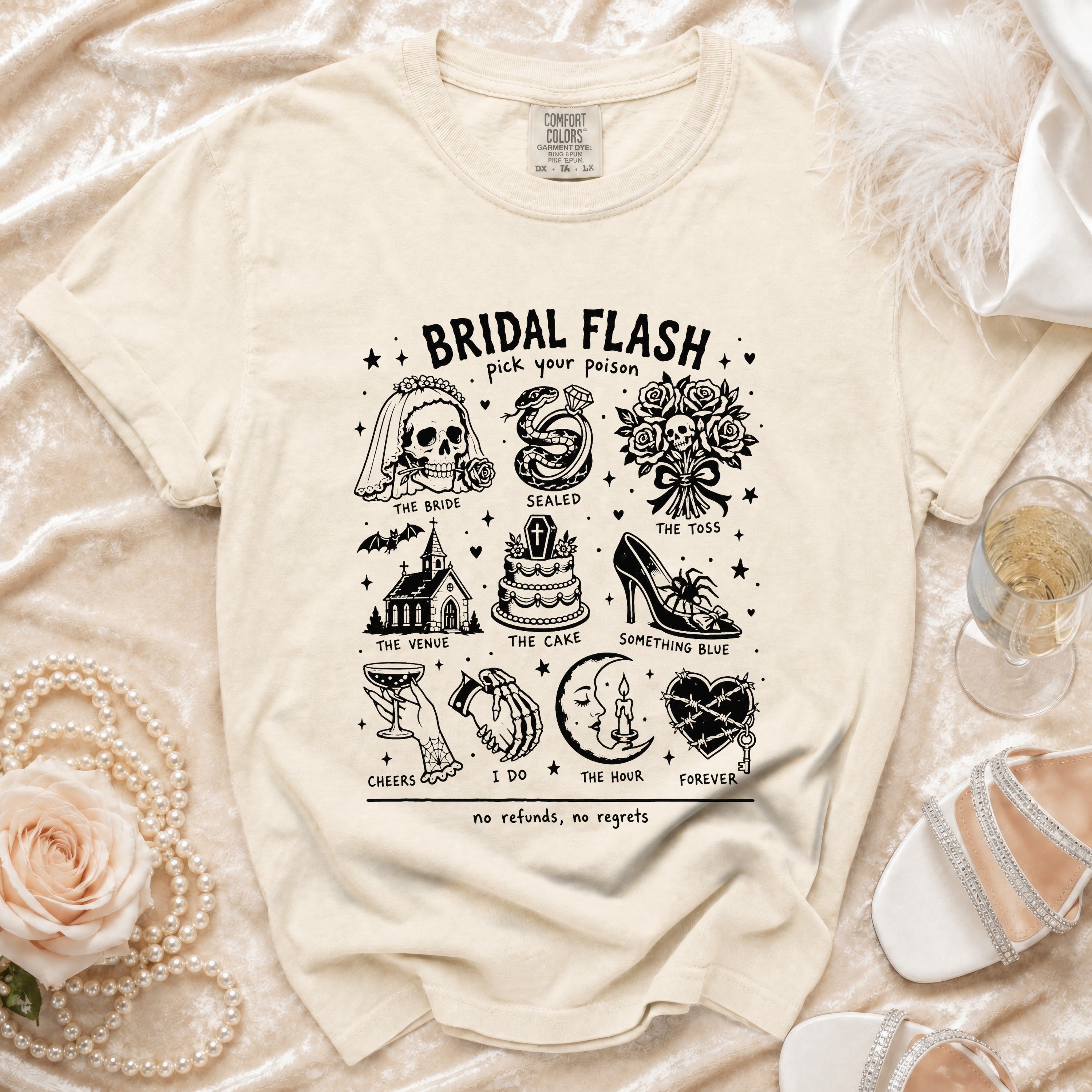 Cream t-shirt with "Bridal Flash pick your poison" graphic and wedding-themed icons.