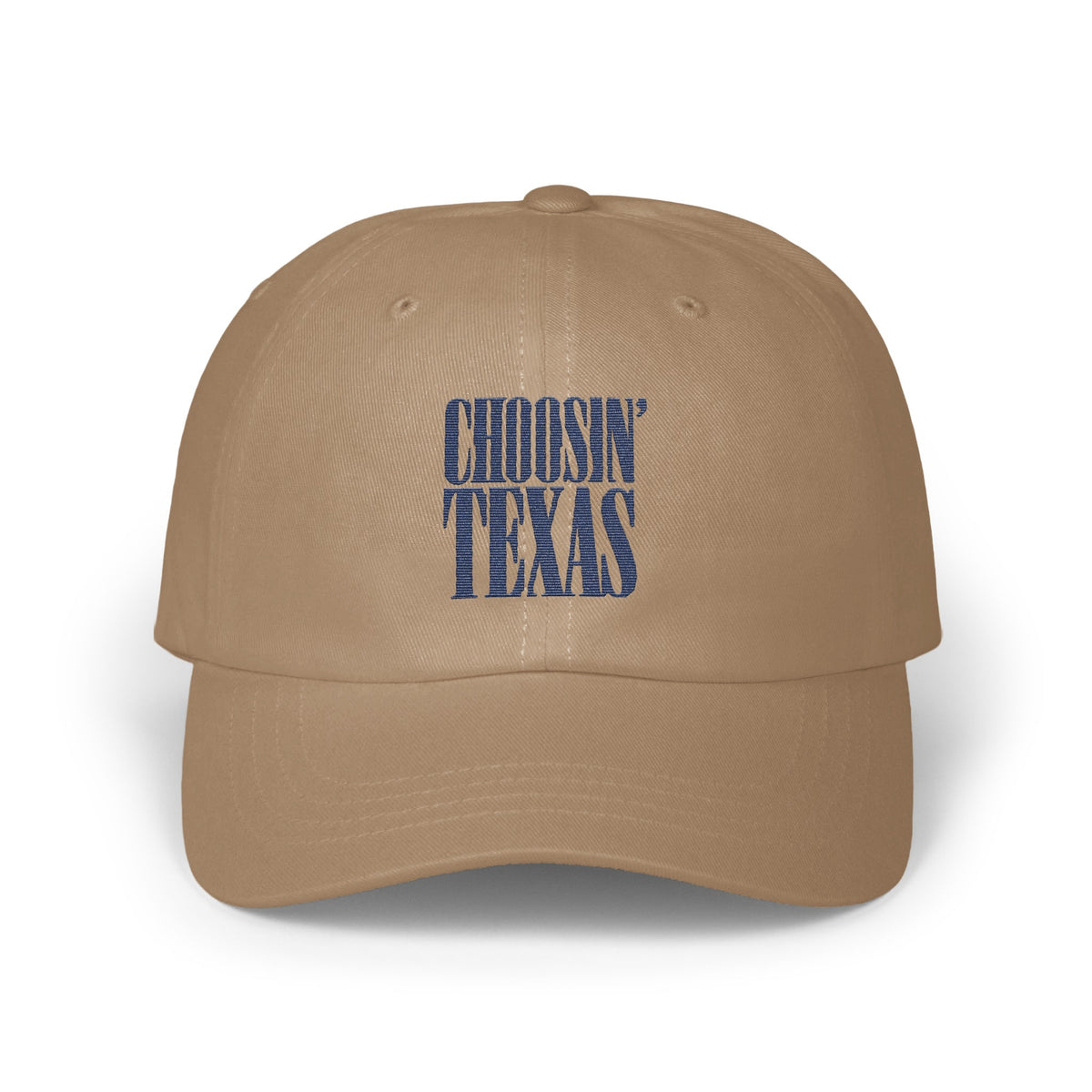 Brown baseball cap featuring blue embroidered text reading CHOOSIN' TEXAS on the front.