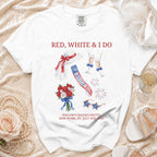 White t-shirt with "Red, White & I Do Bride" graphic and July 4th bachelorette details.