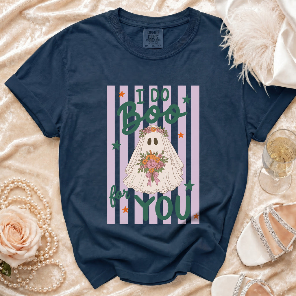 Navy t-shirt with "I do Boo for you" text and ghost graphic.