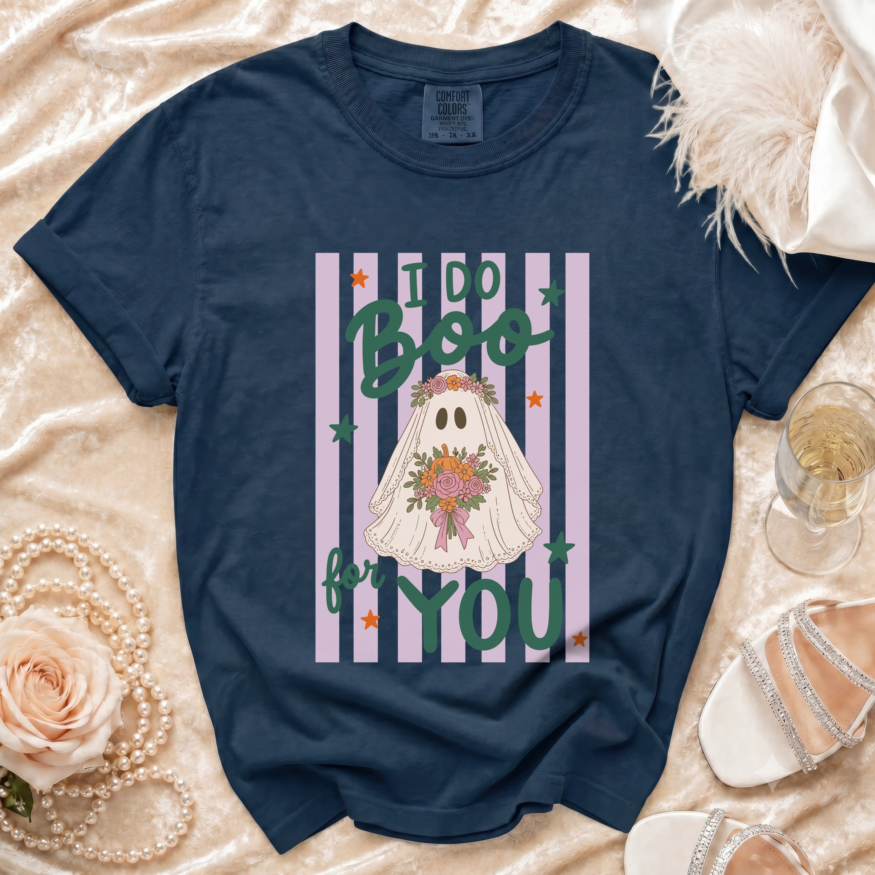 Navy t-shirt with "I do Boo for you" text and ghost graphic.