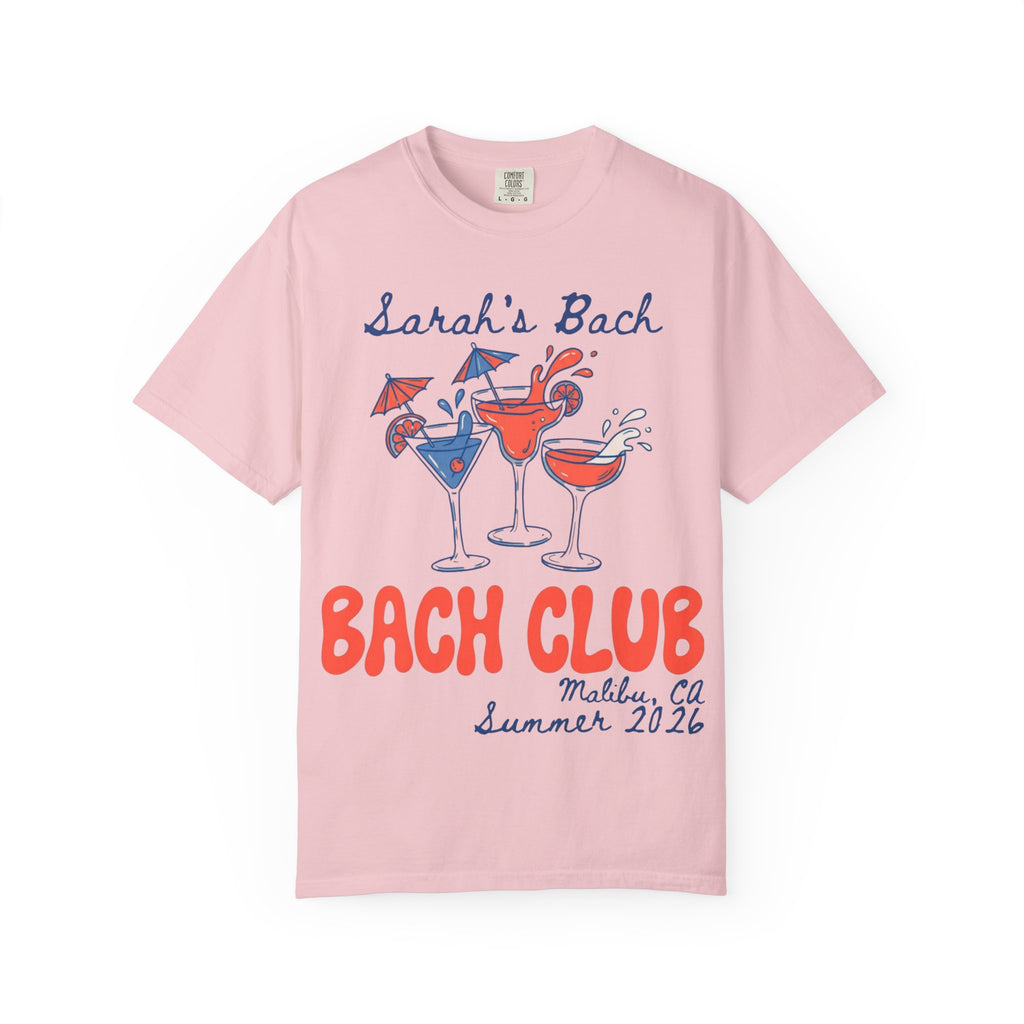 Pink t-shirt with "Sarah's Bach / Bach Club" cocktail graphic and Malibu, CA text.