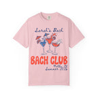 Pink t-shirt with "Sarah's Bach / Bach Club" cocktail graphic and Malibu, CA text.