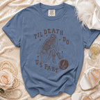 Blue t-shirt with skeleton bride graphic reading "Til Death Do Us Part"