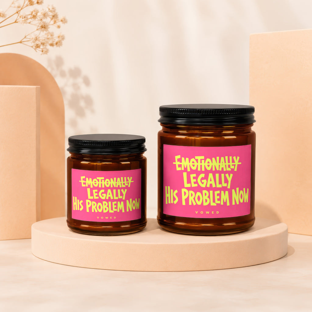 Two amber jars with black lids, pink labels read "Emotionally Legally His Problem Now".