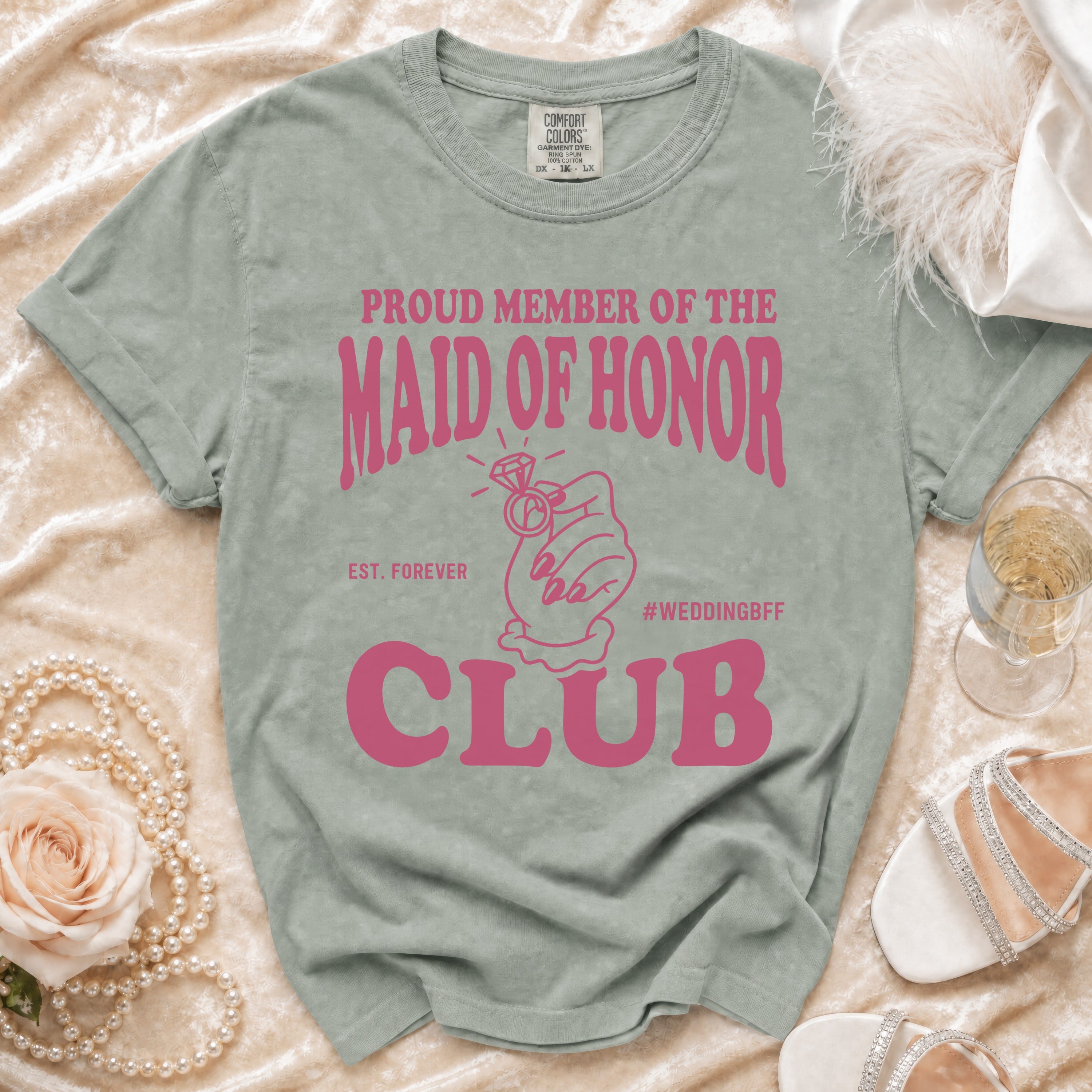Maid of Honor Club t-shirt with diamond ring graphic and text.