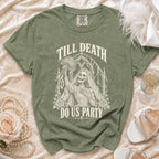 Green t-shirt with skeleton bride design: "TILL DEATH DO US PARTY".