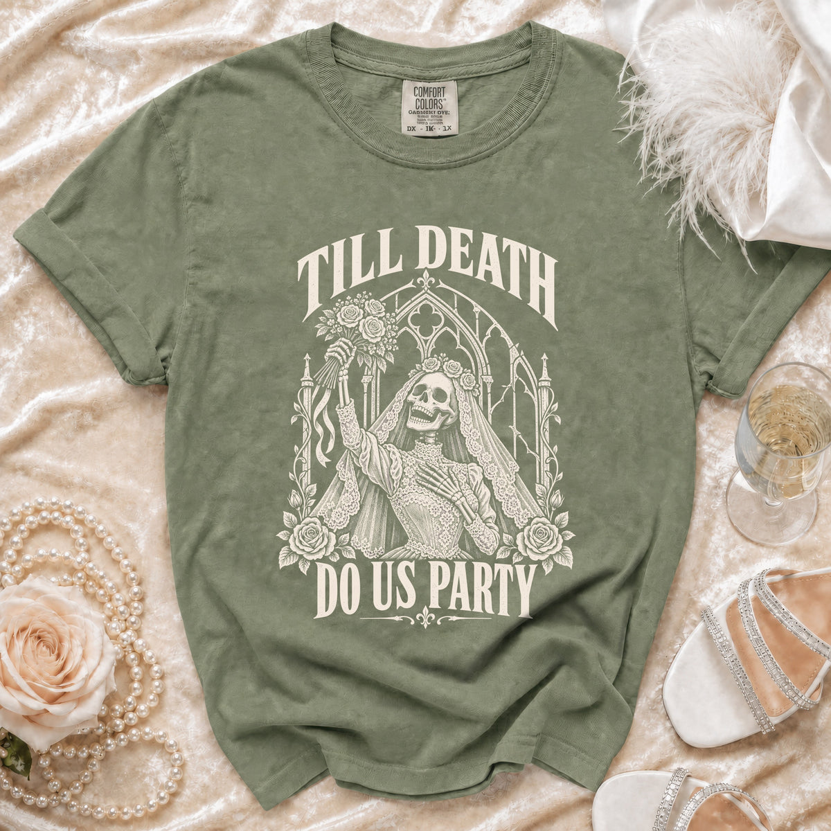 Green t-shirt with skeleton bride design: "TILL DEATH DO US PARTY".