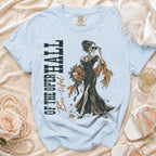 Light blue t-shirt with skeleton woman graphic and text "OF THE OPER HALL Boo-tiful".