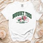 White t-shirt with "BOUQUET TOSS CLUB" text and rose bouquet graphic.