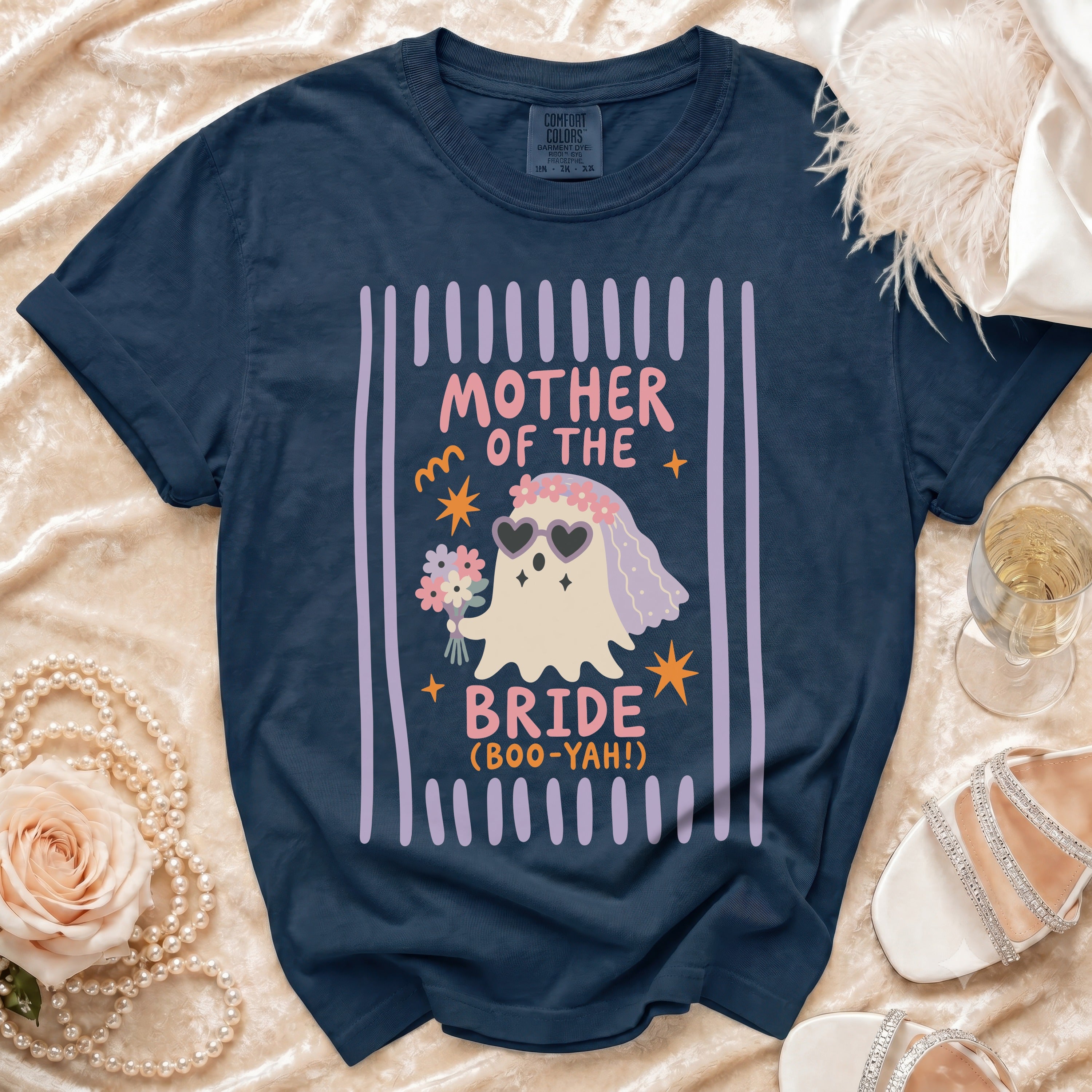 Navy t-shirt with ghost graphic saying "Mother of the Bride (Boo-Yah!)".