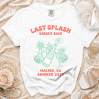 White t-shirt with "Last Splash Sarah's Bach Malibu, CA Summer 2026" and graphics.