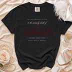 Black t-shirt with text "My Single Life" and "October Thirty-First" on velvet.