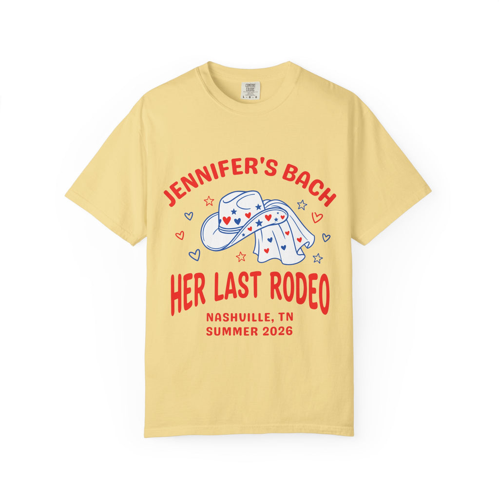 Yellow t-shirt with "Jennifer's Bach Her Last Rodeo" Nashville Summer 2026 graphic.