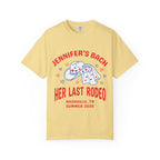 Yellow t-shirt with "Jennifer's Bach Her Last Rodeo" Nashville Summer 2026 graphic.