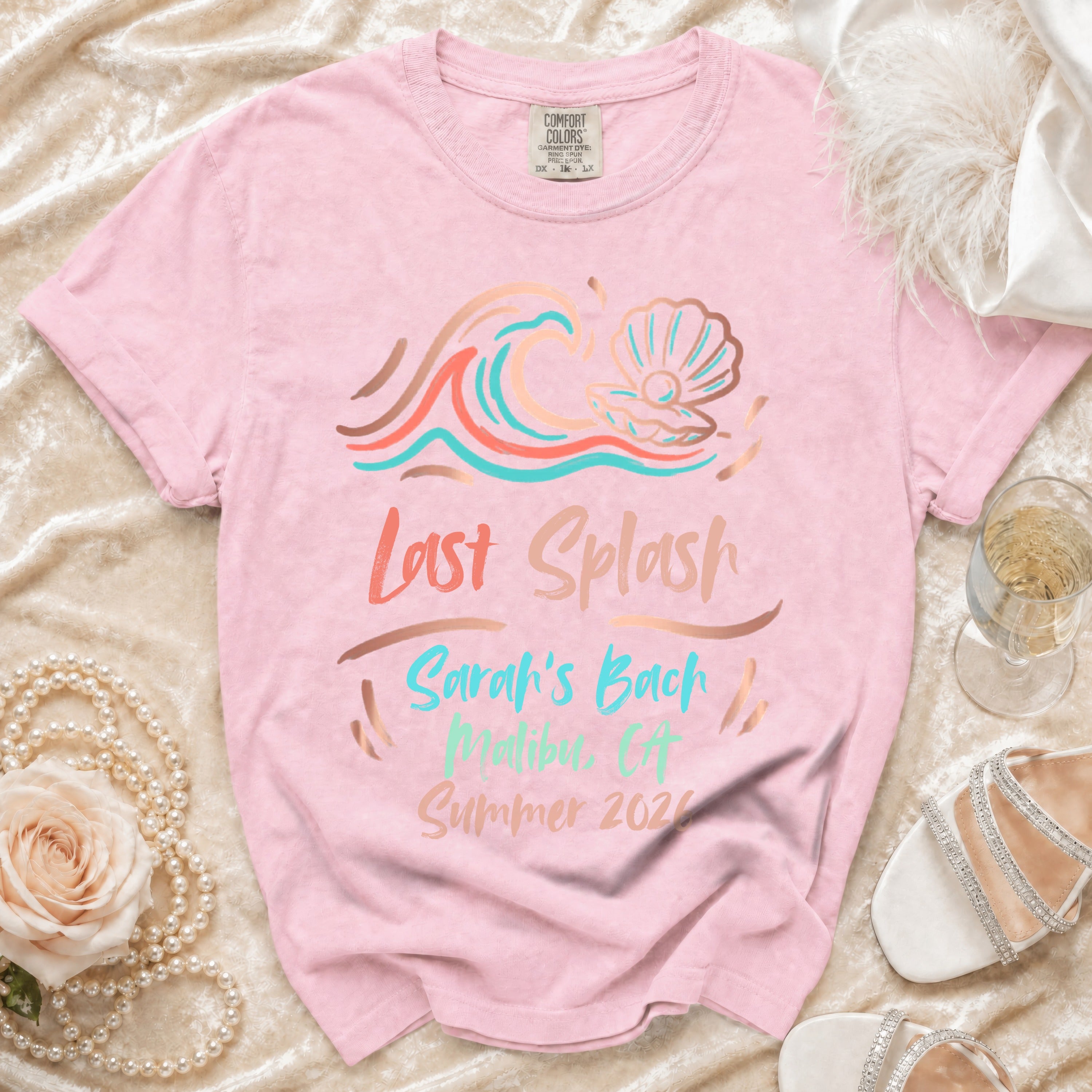 Pink t-shirt with "Last Splash Sarah's Bach Malibu CA Summer 2020" and wave graphic.
