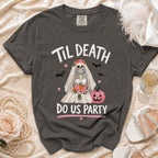 Dark grey t-shirt with "Til Death Do Us Party" text and skeleton bride graphic.