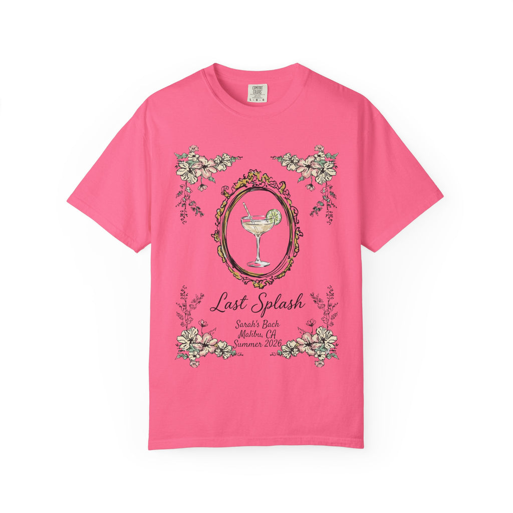 Pink t-shirt with "Last Splash Sarah's Bach Malibu CA Summer 2026" floral design.