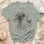 Shirt with floral, candle, and "MOB" design. Mother of the Bride, No Tricks, Just Trauma.