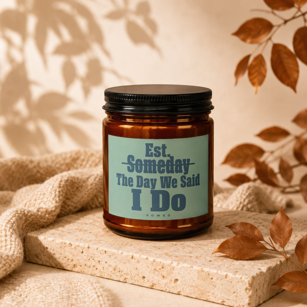 Brown candle with "The Day We Said I Do" text on a light blue label.