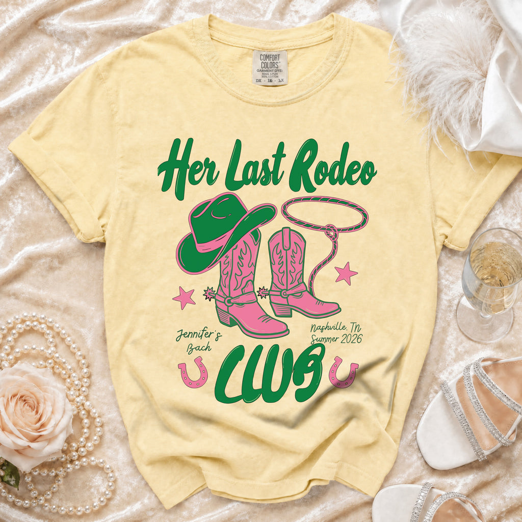 Yellow t-shirt with "Her Last Rodeo" and cowboy boots graphic.
