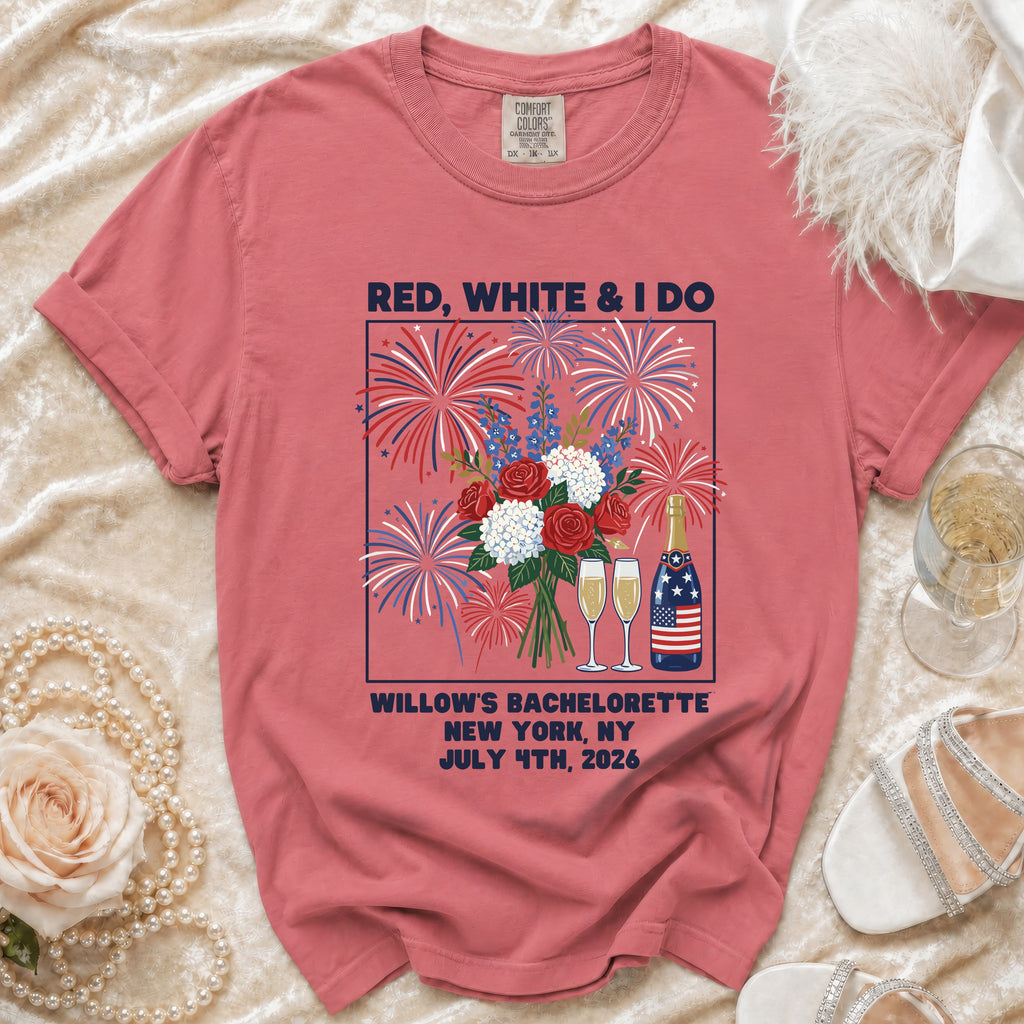 "Red, White & I Do" bachelorette t-shirt with fireworks and champagne.