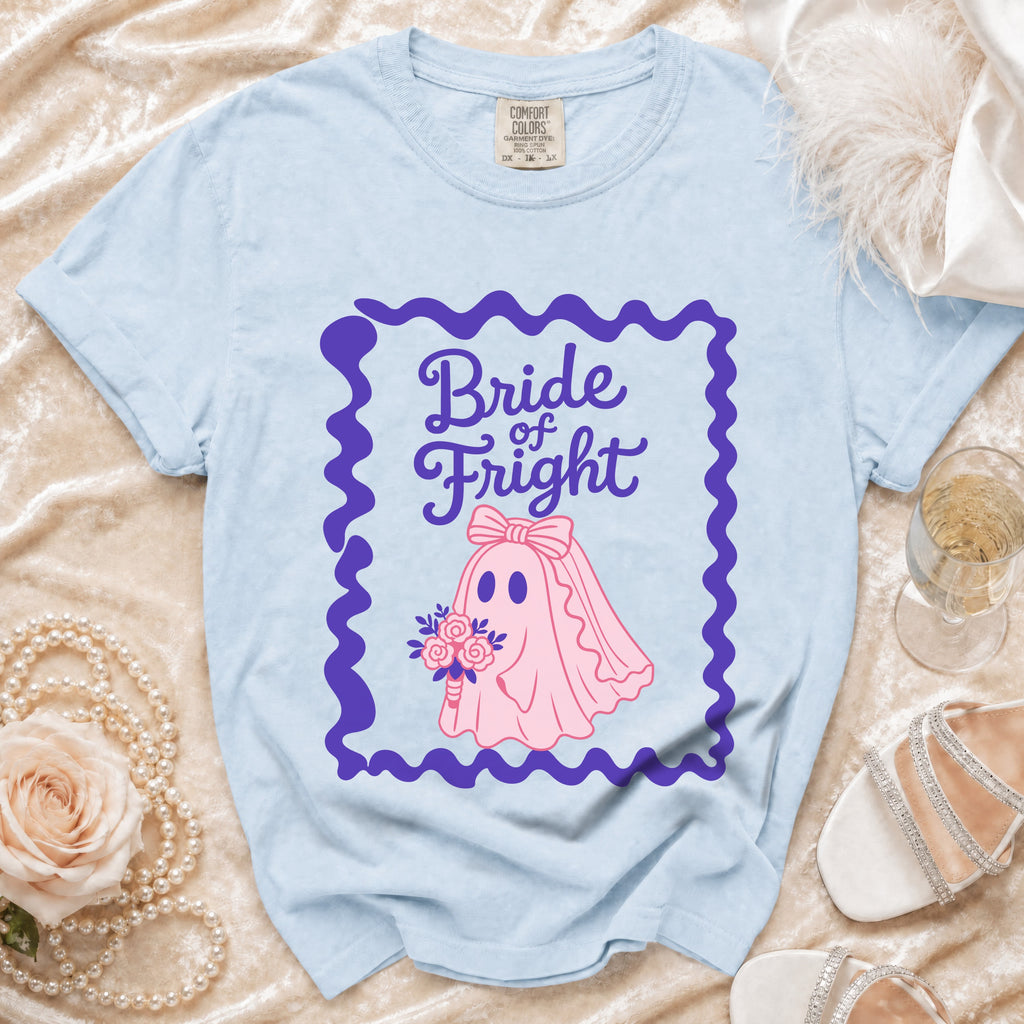 Light blue t-shirt with "Bride of Fright" graphic featuring a ghost bride.