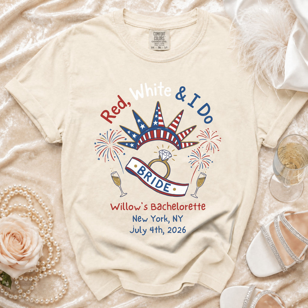 Cream t-shirt with "Red, White & I Do BRIDE" graphic for Willow's Bachelorette.