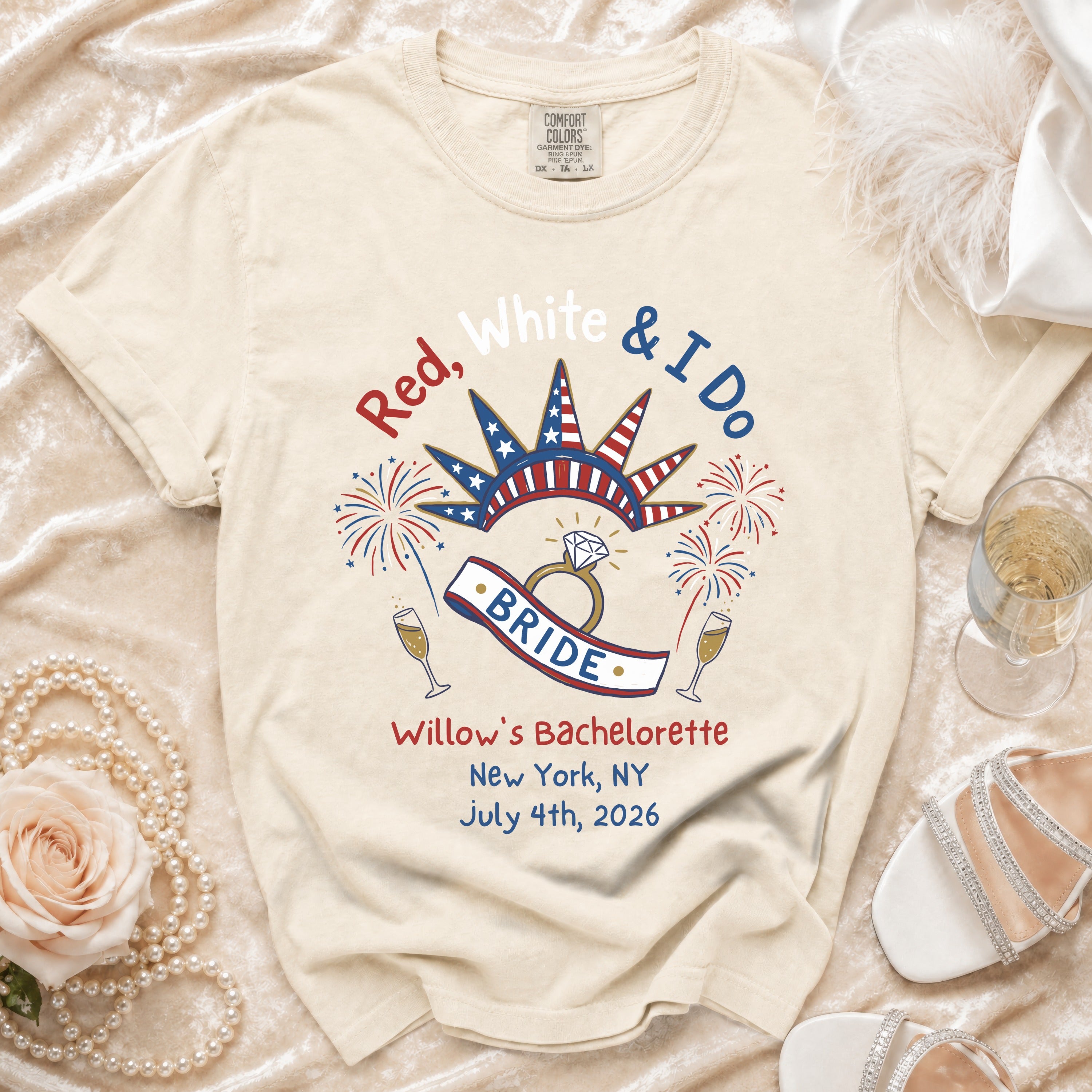Cream t-shirt with "Red, White & I Do BRIDE" graphic for Willow's Bachelorette.