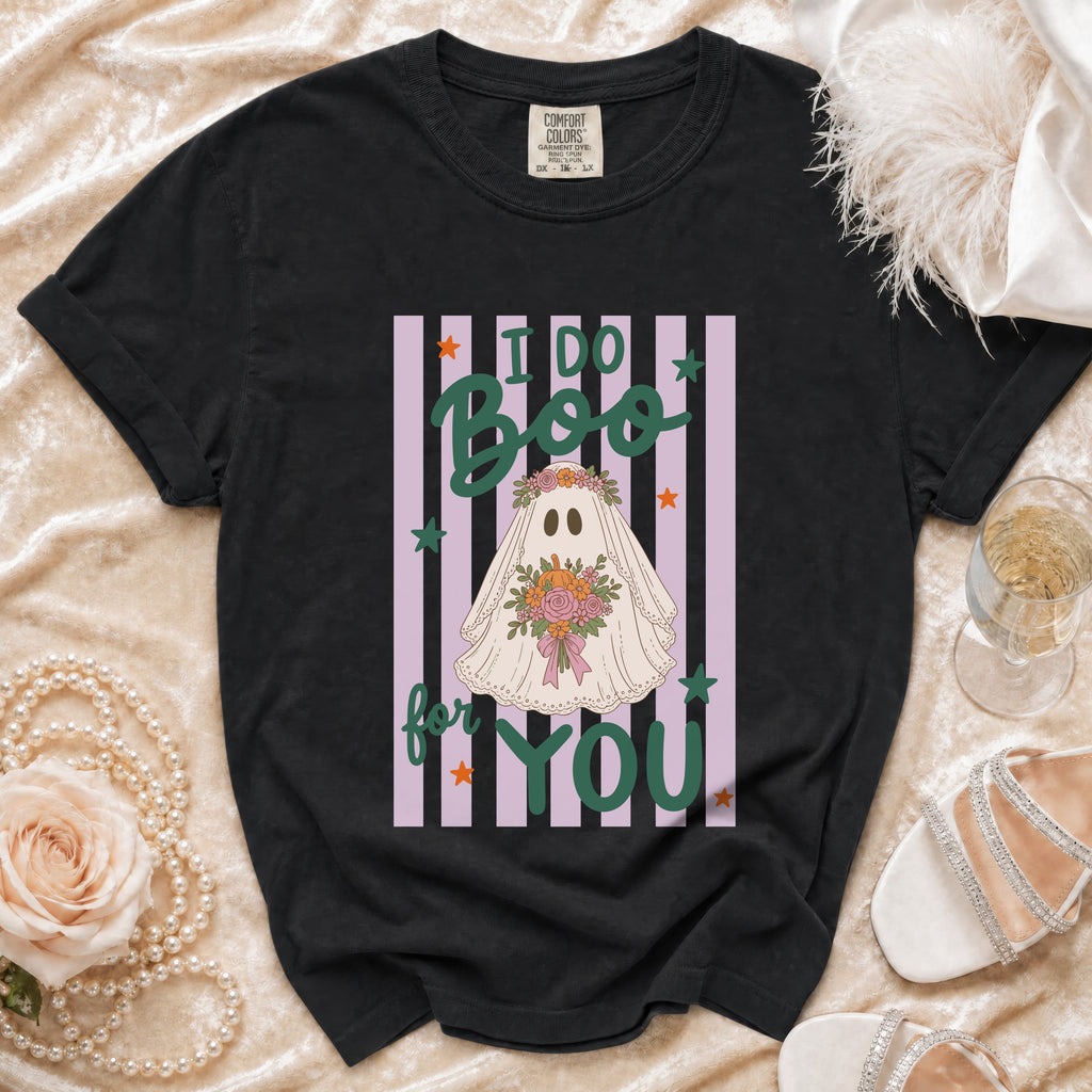 Black t-shirt with "I Do Boo for YOU" and a ghost wearing flowers graphic.