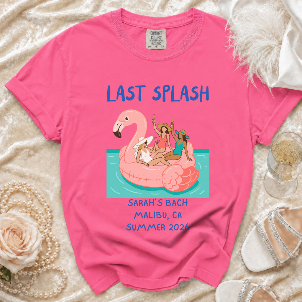 "Last Splash" t-shirt with a flamingo float, Sarah's Bach, Malibu, CA, Summer 2026.