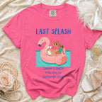 "Last Splash" t-shirt with a flamingo float, Sarah's Bach, Malibu, CA, Summer 2026.