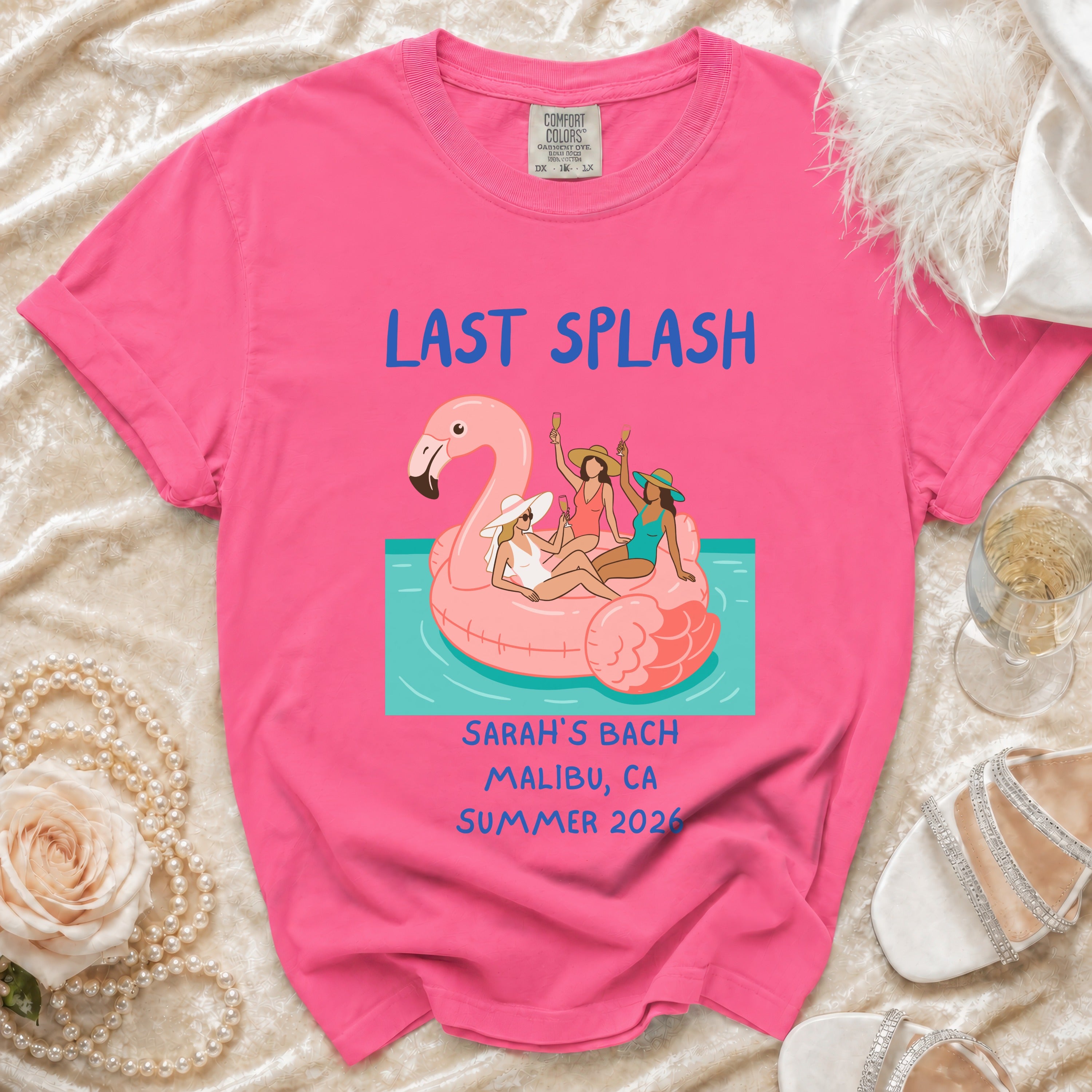 "Last Splash" t-shirt with a flamingo float, Sarah's Bach, Malibu, CA, Summer 2026.