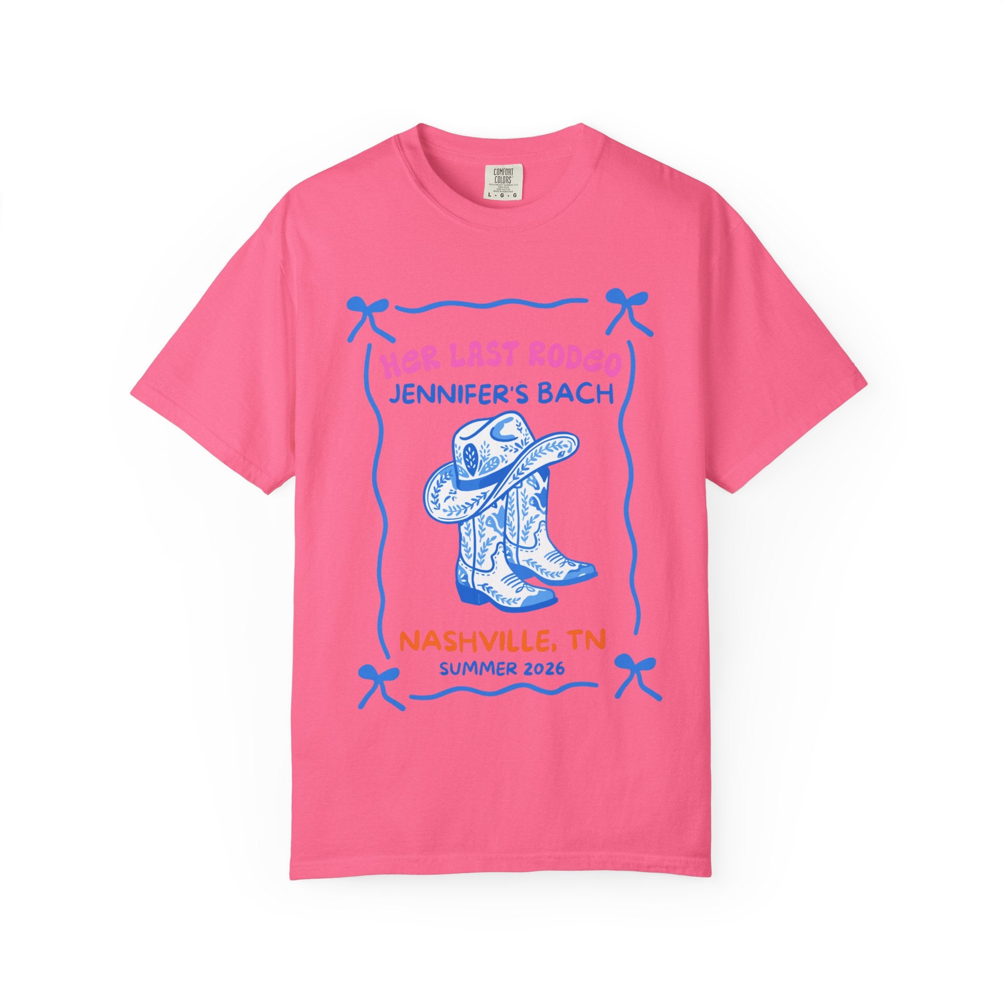 Pink t-shirt with "Her Last Rodeo" and cowboy boots graphic.