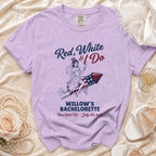 Lavender t-shirt with "Red, White & I Do" and bride on rocket design.