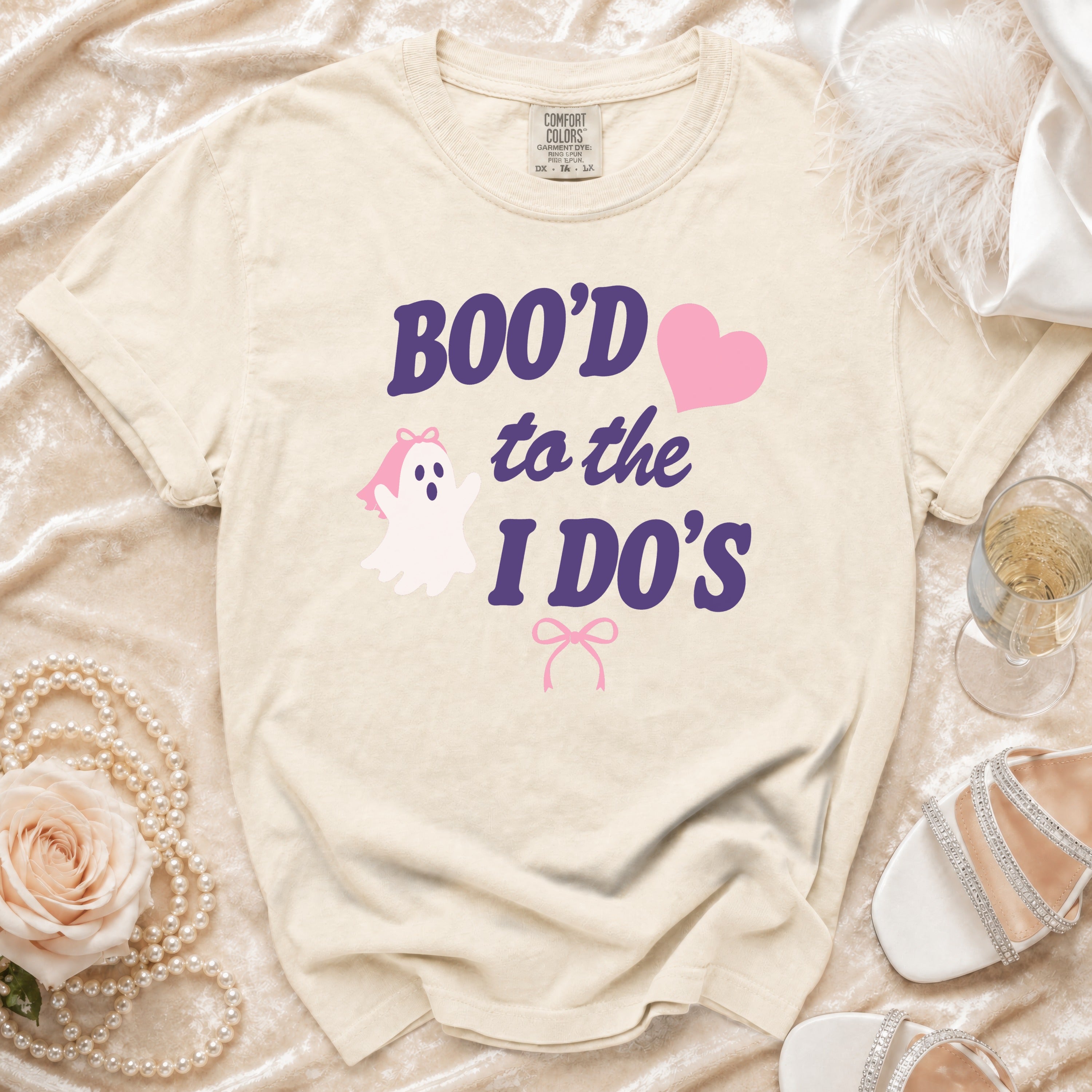 Cream t-shirt with "Boo'd to the I Do's" text, ghost, and heart graphic.